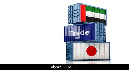 Conteneurs de marchandises avec drapeaux nationaux du Japon et des Émirats arabes Unis. 3D rendu Banque D'Images