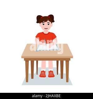 les filles écrivent, les enfants font leurs devoirs, les mathématiques à la maison. Dessin animé petit garçon en chemise rouge Sting sur le bureau. Le concept de l'âge d'apprentissage. Vecteur Ill Illustration de Vecteur