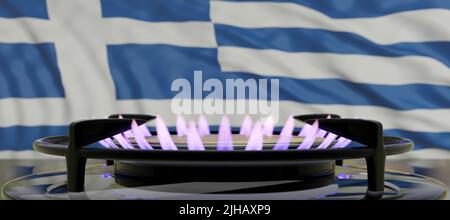 Gaz naturel en Grèce concept. Combustion de gaz, brûleur de cuisinière, fond de drapeau grec. 3d rendu Banque D'Images