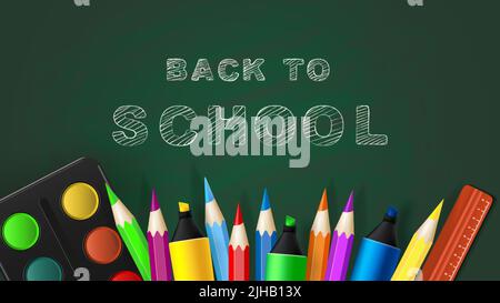 Retour à l'école - Tableau noir avec fournitures scolaires et lettrage à la craie. Vecteur Illustration de Vecteur
