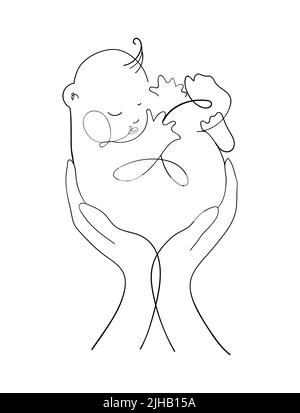 Deux mains tenant un nouveau-né, dessin main de contour. Illustration de la maternité et de la grossesse, de la maternité de substitution, de la santé et des soins dans la famille. Vecteur Illustration de Vecteur