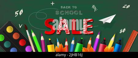 Retour à l'école . Bannière vecteur de réduction pour l'éducation avec texte de vente et articles scolaires colorés sur le conseil scolaire. Illustration de Vecteur