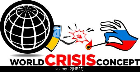 Concept de la crise mondiale. La menace de la guerre mondiale. La terre sous forme de bombe avec le drapeau ukrainien. Une main avec un drapeau russe allume le fusible Illustration de Vecteur