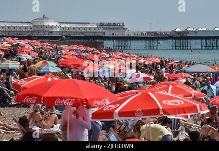 Brighton UK 17th juillet 2022 - Brighton Beach est emballé comme des milliers de visiteurs apprécient le soleil chaud comme un avertissement de temps rouge extrême a été émis pour les deux prochains jours à travers le pays : crédit Simon Dack / Alamy Live News Banque D'Images