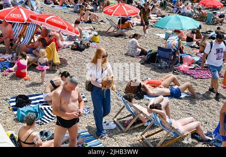 Brighton UK 17th juillet 2022 - Une jeune femme porte son chien comme Brighton Beach est emballé comme des milliers de visiteurs apprécient le soleil chaud comme un avertissement de temps rouge extrême a été émis pour les deux prochains jours à travers le pays : crédit Simon Dack / Alamy Live News Banque D'Images