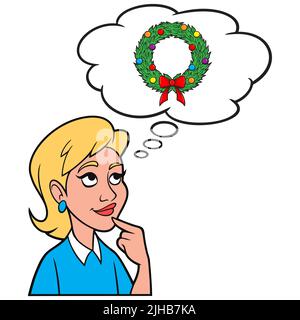 Fille pensant à une couronne de Noël - Une illustration de dessin animé d'une fille pensant à une couronne de Noël. Illustration de Vecteur