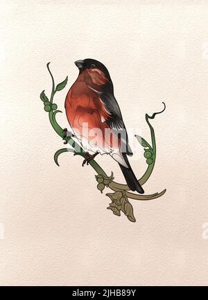 Chaffinch Art Nouveau Illustration contemporaine. Finch dessin Neo traditionnel Tattoo Art Banque D'Images