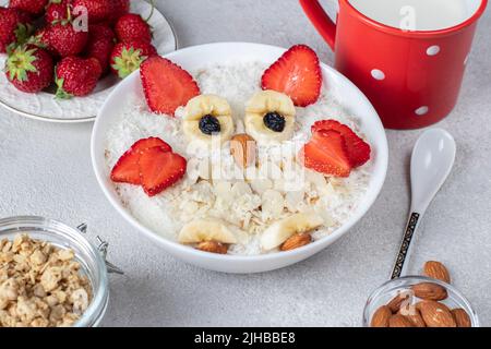 Petit déjeuner amusant pour les enfants - flocons d'avoine doux en forme de chouette avec fraises, bananes, amandes et flocons de noix de coco Banque D'Images