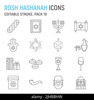 Jeu d'icônes de ligne de Rosh Hashanah, collection hanukkah, graphiques vectoriels, illustrations de logo, icônes de vecteur de Rosh Hashanah, signes juifs, pictogrammes de contour, trait modifiable Illustration de Vecteur