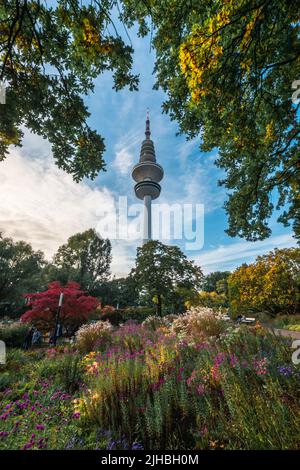 City park parc Planten un Blomen à l'automne. Avis de Heinrich Hertz est la tour tour de télécommunication radio à Hambourg. Allemagne Banque D'Images