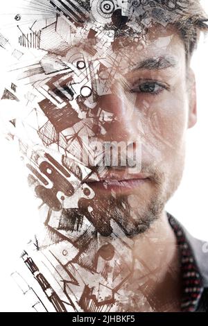 Peinture. Motif abstrait peint à la main associé à un portrait Banque D'Images