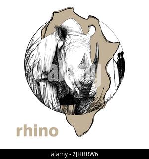 Rhinocéros dessiné à la main, illustration graphique d'esquisse sur fond blanc (originaux, pas de tracé) Banque D'Images