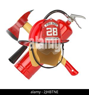 Emblème du déprement d'incendie. Badge de pompier sur un casque avec extincteur et hache. 3d illustration Banque D'Images