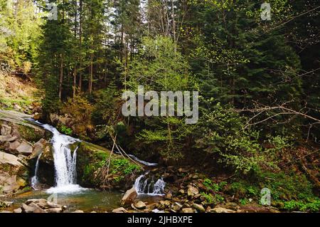 Vue sur la cascade de Kamianka avec l'eau de tempête tombant de grandes pierres le jour du printemps Banque D'Images