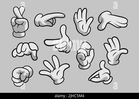 Retro Cartoon gants les mains gestes. Mains de dessin animé avec gants Icon Set isolé. Vector Clipart - parties du corps, bras en gants blancs. Mouvement de la main Illustration de Vecteur