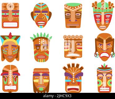 Masque tiki africain. Masques ethniques, totem hawaii ou tribus maya. Visages de dieux guerriers en bois, idoles tribales ornementales aztèques. Des décorations effrayantes décentes Illustration de Vecteur