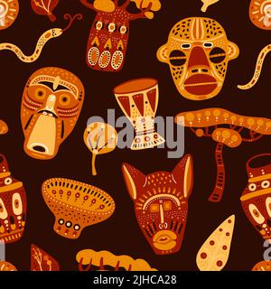 Masques africains sans couture. Éléments décoratifs rituels. Artisanat ancien et articles traditionnels. Symboles culturels. Totems et djembe tribaux. Baobab Illustration de Vecteur