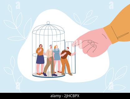 Concept de liberté des personnes. La foule sort de la cage, la main géante ouvre la porte pour les femmes et les hommes. Relâchez et ouvrez une nouvelle perspective, développez les bordures internes Illustration de Vecteur