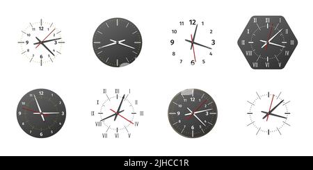 Faces d'horloge. Cadrans de montre noirs ou blancs réalistes avec flèches et chiffres. Mesure du temps. Formes mécaniques de l'horlogerie. Arrondir les chronographes précis Illustration de Vecteur