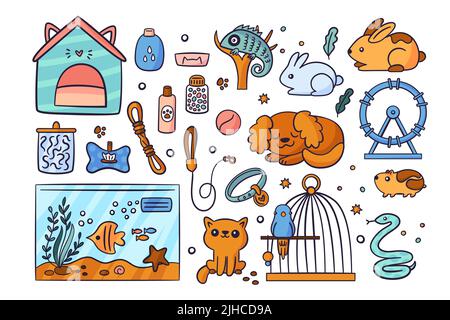 Outils de soin pour animaux. Accessoires amusants. Pilules VET. Animaux domestiques. Chien et chat. Lapin en forme de doodle. Aquarium de poissons. Cage à oiseaux avec perroquet. Caméléon Illustration de Vecteur