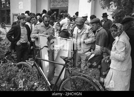 Comté d'Ilfov, Roumanie, 20 mai 1990. Les premières élections démocratiques après la chute du communisme. Les villageois qui essaient de donner du sens à l'information affichée à l'extérieur des sondages. La plupart des gens ont voté pour la première fois dans leur vie. Banque D'Images