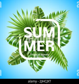 Bannière de feuilles tropicales. Composition exotique de feuillage vert jungle, éléments réalistes de palmier, cadre d'été avec monstère et banane, 3D isolé Illustration de Vecteur