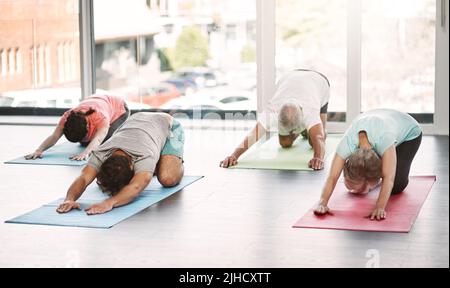 Dans la zone de yoga. Prise de vue en longueur d'un groupe de personnes pratiquant le yoga. Banque D'Images