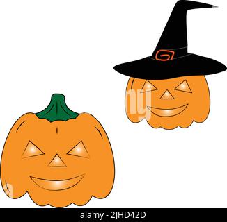 Un ensemble de deux citrouilles d'Halloween orange avec des éléments festifs tels que des yeux lumineux et un chapeau de sorcière. Conception plate. Convient aux autocollants, affiches, invitations, cartes postales Illustration de Vecteur