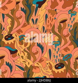 Motif sans couture avec éléments naturels organiques. Texture artistique dessinée à la main avec des formes de champignons psychédéliques. Illustration de Vecteur