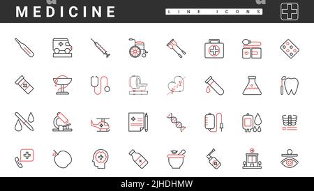 Équipement médical, pharmacie et trousse de secours mince rouge ligne noire icônes définir l'illustration vectorielle. Résumé recette de prescription pour pilules et médicaments, capsules et traitement de seringue, IRM, fauteuil roulant Illustration de Vecteur