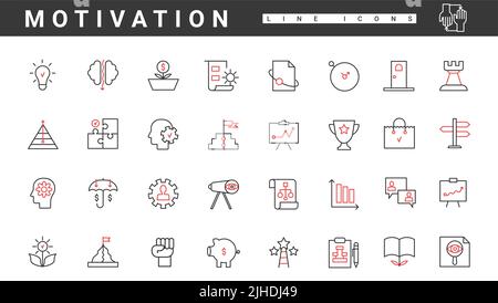 Motivation pour la progression et le succès du travail les icônes de lignes fines rouge et noire définissent l'illustration vectorielle. Abstrait leader compétences, mission et courage, visionnaire, ambition et talent pour aller de l'avant à la carrière Illustration de Vecteur