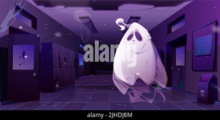 Fantôme dans l'intérieur abandonné de la salle d'école la nuit. Personnage de dessin animé Halloween à l'intérieur du vieux couloir d'université avec toile d'araignée, casiers et murs cassés. Illustration vectorielle de monstre fantaisie de spak amusant Illustration de Vecteur
