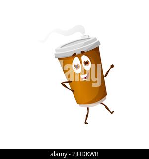 Dessin animé café papier tasse personnage danse, vecteur isolé personnage. Boisson chaude amusante à emporter, tasse de latte, cappuccino ou chocolat souriant avec support marron, couvercle et visage mignon Illustration de Vecteur