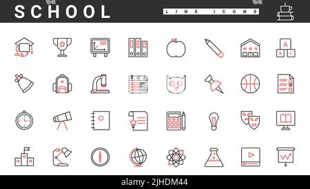 L'étude scolaire les icônes de lignes fines rouges et noires définissent l'illustration vectorielle. Symboles abstraits de sagesse et de connaissances pour les étudiants et les diplômés, livres et objets pour les leçons de géographie, de physique et de chimie Illustration de Vecteur