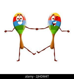 Caricature maracas personnages jumeaux, vecteur isolé instruments de musique mexicains personnages tenant les mains et dansant. Fiesta ou Cinco de Mayo fête latine, jeu de musique maraca, cours scolaires Illustration de Vecteur