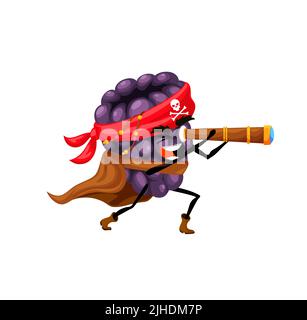 Caricature de pirate blackberry avec spyglass, baies vectorielles ou nourriture de fruits mignon caractère. Drôle de pirate, capitaine ou marin corsair en bandana avec crâne et crossbone. Joyeux buccaneer à la recherche d'un Trésor Illustration de Vecteur