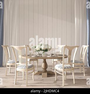 Intérieur de la salle de mariage au design côtier avec table à manger. Maquette de mur blanc sur un magnifique arrière-plan de la maison. Illustration de rendu 3d de style Hampton. Banque D'Images