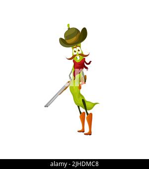 Cow-boy ou rangeur de haricots de dessin animé avec un fusil, caractère sauvage de légumes de l'ouest. Amusant vecteur armé robber pois vert gousse avec chapeau de volant, bandana, ceinture et bottes. Héros du Texas, cuisine WESTERN personnage Illustration de Vecteur