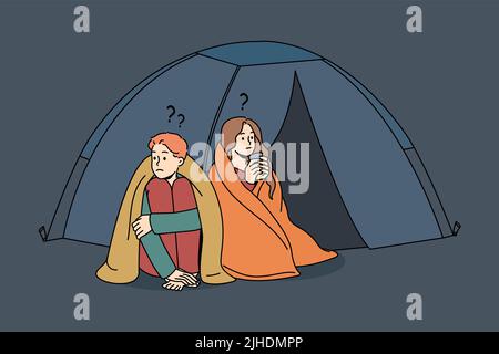 Un homme et une femme confus qui dorment dans une tente à l'extérieur vivent pour la charité ou le don. Réfugiés de couple malheureux dans le camp dans la rue. Problème des sans-abri. Illustration vectorielle. Illustration de Vecteur