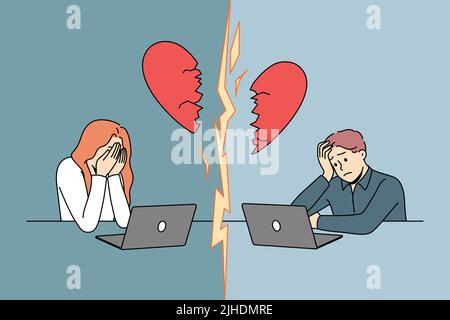 Homme malheureux et femme datant en ligne relation de fin. Triste couple ont rupture ou malentendu parler sur Internet. Illustration vectorielle. Illustration de Vecteur