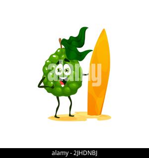 Dessin animé gai bergamote personnage de fruit avec surf. Vector tropical citron vert agrumes ou kaffir de la pratique de la personne sur le surf sport. Mode de vie sain, nutrition naturelle, énergie Illustration de Vecteur