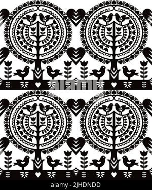 Art folklorique polonais sans couture schéma vectoriel Wycinanki Kurpiowskie - Kurpie Papercuts avec des oiseaux, des coeurs et des fleurs en noir et blanc Illustration de Vecteur