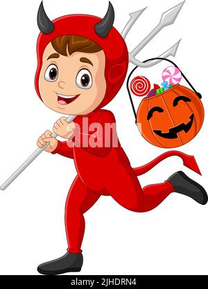 Bande dessinée rouge diable transportant des bonbons dans un panier de citrouille Illustration de Vecteur