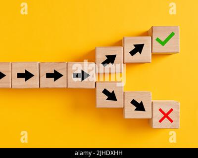 Les symboles fléchés sur les cubes en bois se fractionnant dans différentes directions vers la droite ou vers les mauvais choix. Suivre le bon chemin ou le mauvais chemin ou choisir l'ir Banque D'Images