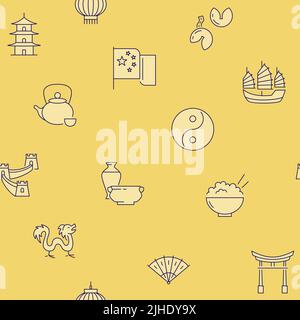 Motif en porcelaine jaune sans coutures dans un style de ligne. Symboles traditionnels de la culture chinoise. Illustration vectorielle. Illustration de Vecteur