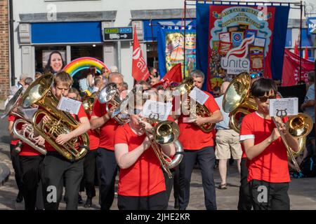 Unite the Union Band, un groupe de cuivres, participant au gala des mineurs de Durham, «The Big Meeting» des syndicats, à Durham, Royaume-Uni, le 9 juillet 2022. Banque D'Images