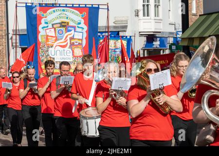 Unite the Union Band, un groupe de cuivres, participant au gala des mineurs de Durham, «The Big Meeting» des syndicats, à Durham, Royaume-Uni, le 9 juillet 2022. Banque D'Images