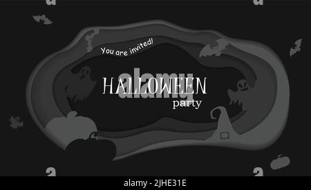 Bonne affiche Halloween. Modèle vectoriel avec symboles de style de coupe de papier. Invitation à la fête. Illustration de Vecteur