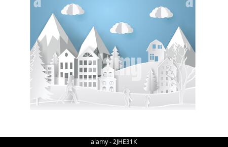 Paysage d'hiver en papier. Montagnes, arbres et maisons. Carte postale en papier découpé en couches. Illustration vectorielle Illustration de Vecteur