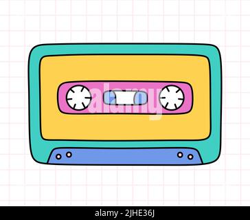 Adorable cassette de style rétro 90s en forme de doodle. Cassette audio compacte Old School aux couleurs vives. Mixtape analogique vintage. Illustration vectorielle dessinée à la main isolée sur un arrière-plan à carreaux. Illustration de Vecteur